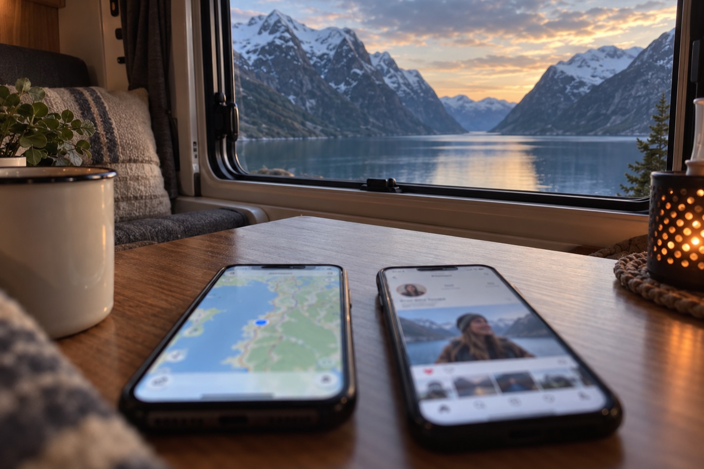 Two phones on a wooden table inside a campervan, one showing a map and the other a traveller profile, with a fjord in the window behind