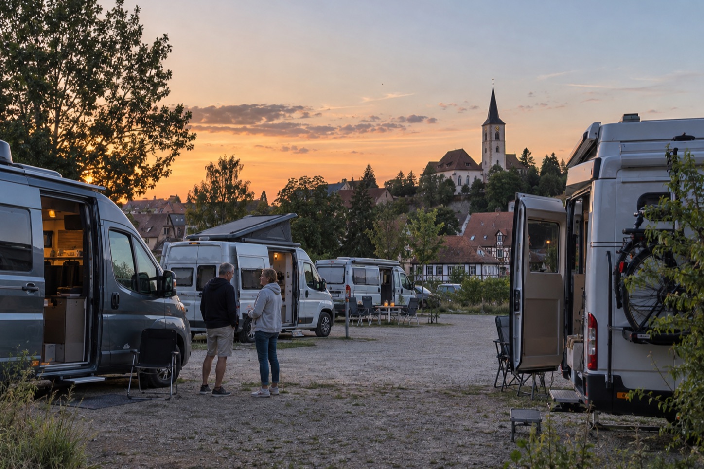 Campervans auf einem Stellplatz am Rand einer deutschen Kleinstadt am Abend, Kirchturm im Hintergrund, zwei Menschen im Gespräch zwischen den Fahrzeugen