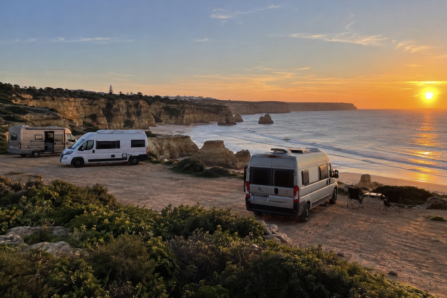 Three campervans parked on a clifftop above a beach on the Algarve at sunset