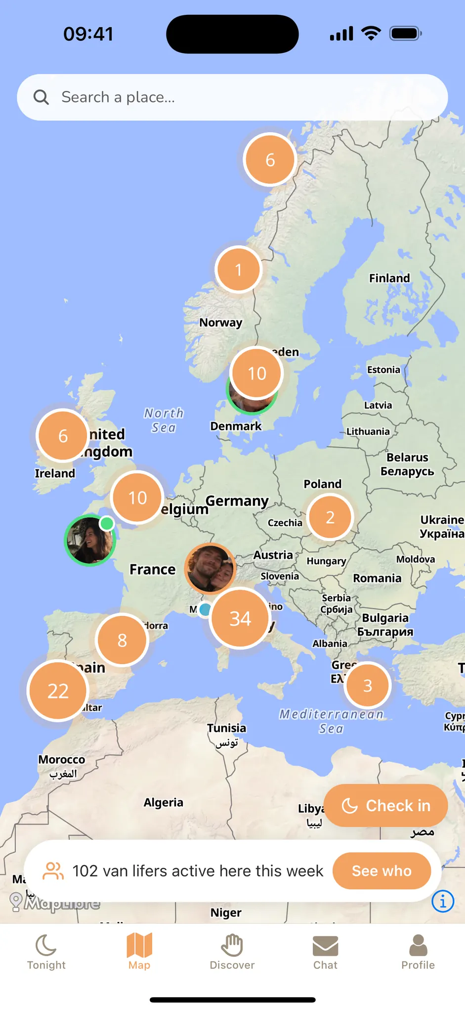Live map in Vanderlust showing van lifers per area